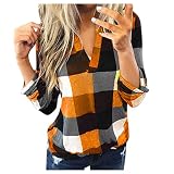 STPT Damen Elegant Kariertes Blusentops mit V-Ausschnitt und Knöpfen Langarmshirts Freizeit Outdoor Atmungsaktiv T-Shirt Frühling Oberteile Elegant Tops Langarm Tunika Tanktop