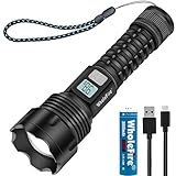 WholeFire LED Taschenlampe mit LCD Display, Extrem Hell 3000 Lumen USB Aufladbar Taschenlampe, 3 Modi, Wasserdicht, Zoombar 18650 Batterie Enthalten für Camping, Wandern, W