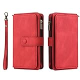 SCRENDY Hülle für Samsung Galaxy A21S, Handyhülle PU Leder Handytasche mit 15 Kartenfächer Geldbörse Trageband Schutzhülle Flip Wallet Case with Kameraschutz, R