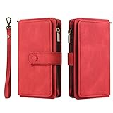 SCRENDY Hülle für Samsung Galaxy A21S, Handyhülle PU Leder Handytasche mit 15 Kartenfächer Geldbörse Trageband Schutzhülle Flip Wallet Case with Kameraschutz, R