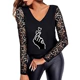 Oberteile Damen V-Ausschnitt Herzförmig Langarmshirt T-Shirt Damen Spitze Bluse Diamant Glitzer Druck Langarm Tunika Bluse,Einfarbig Pullover Jumper Herbst Winter Spitze Streetwear L