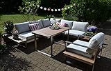 bomey Dining Ecklounge Atlanta in Braun I Lounge-Set bestehend aus einem Sessel und Ecksofa in braun, Tisch im Edelstahl/Teak Design & Polstern in Beige I Garten + Terrasse + Winterg