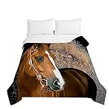 Chickwin Bettüberwurf Tagesdecke, 3D Erdbeere Drucken Tagesdecken Herbst Sommer Bettüberwürfe Prägemuster Wohndecke Mikrofaser Bettdecke für Einzelbett Doppelbett (Braunes Pferd,100x150cm)
