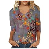 Lässiges Damen-Oberteil, kurzärmelig, bedruckt, mittellang, 3/4-Ärmel, V-Ausschnitt, lässiges T-Shirt mit Rü