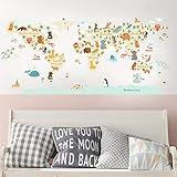 Cartoon Weltkarte Tierweltkarte Wandtattoo Tiere Wandsticker Wandaufkleber Heim Dekoration für Wohnzimmer Schlafzimmer Kinderzimmer Wanddeko Aufkleber (30*90CM*2)