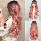 HAIRCUBE Langes Gewelltes Haar Ombre Farbe Schwarz bis Rosa Perücke Mittelteil Synthetische Natürliche Perücken mit Pony für Frauen Täglicher Geb