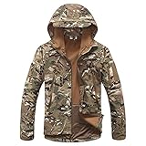 Taktisch Softshelljacke Herren Camouflage Militär Hoodie Fleece Gefüttert Leichte Winddicht Wasserdicht Kapuzenjacke Outdoorjacke Wandern Camping Windbreaker mit Abklappbarer Kapuze Multi T