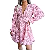 GFGHH Damen Minikleid Boho Blumen Langarm V-Ausschnitt Chiffonkleid Casual Blusenkleid Sommerkleid Strandkleider Kleider Strandkleid Freizeitkleider Blumendruck Lose Partykleider Elegant Partyk