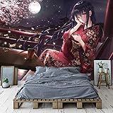TDYNJJ Mural Fototapete 3D - Anime Schönen Kimono Mädchen Vollmond Kirschbaum - Vlies Wand Tapete Wohnzimmer Schlafzimmer Büro Flur Dekoration Wandbilder Moderne Wanddek