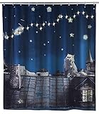 WENKO LED Duschvorhang Moon Cat - waschbar, mit 12 Duschvorhangringen, Polyester, 180 x 200 cm, Mehrfarbig