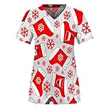 Weihnachten Bunt Drucken Pflege Kasacks Nurse Uniformen Damen V-Ausschnitt Kurzarm Frauen Pflegeuniform T-Shirts Arbeitsuniform Schlupfhemd Arbeitskleidung T-Shirt Schlupfkasack mit T