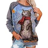 Frauen drucken Sweatshirt Damen lässig Katzendruck Zur Seite Fahren Plus Size Langarm O-Ausschnitt Patchwork Top Bluse(XL,Blau)