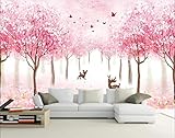 Tapete Fototapete 3D Effekt Rosa Kirschbaum-Waldkitz Tapeten Wand Dekoration Wandbilder Wohnzimmer Schlafzimmer Wanddeko,400x280
