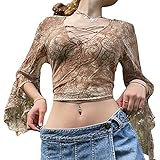 Qidaukaka Damen Top Herbst Sexy Retro Split Langarmshirt Damen Mesh Yarn Printing Tie-up Exposed Navel Deep V-Neck Vintage Tops Herbst, braun, S