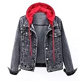 KIMODO Jeansjacke Kapuze Vintage Übergangs Sweatshirt Mantel Damen Frauen Vintage Knopf Denim Jacke Langarm Oberteil Outwear mit Tasche (B-Rot, 4XL)