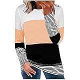 Oberteile Damen Lässiger Pullover im Streifen Farbblock Patchwork O Ausschnitt Langarm Waffle Tops Basic All Match Tunika Bluse Herbst dünnes leichtes Sw