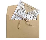 ZB.soar Hochzeitseinladungskarten mit Umschlägen, ausgestanzt, mit Rosenmotiv, bedruckbares Papier mit burgunderroten Bändern, für Hochzeit, Brautparty, Verlobung, süß, Weiß, 10 Stück