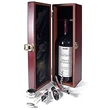 Weinkiste Sommelier-Set Wein-Geschenk-Set Holzbox für eine Weinflasche mit Accessoires; Weingeschenk Set mit Zubehör für Weinliebhaber; Holzkiste im Mahagoni-Look 6-teilig