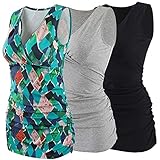 COLOMI Damen Umstandsoberteile Ärmellos Stillshirt Umstandsshirt V-Neck Nursing Tops Umstandsmode (Black+Grey+Green Print/3Pack, L)