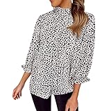Akeelii Sommer Hemd Frauen Leopardenmuster Rüschen Langarmshirt Modische Casual Lange Bluse Plissiertes Rundhals Basic Langarmshirt Baumwolle Bequem Pullover Slim Fit Hemd(Weiß,L)