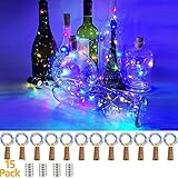 15 Stück LED Flaschenlicht, 20 LEDs 2M Lichterkette Kupferdraht batteriebetriebene Weinflasche Lichter mit Kork Schnurlicht für DIY Party Hochzeit Stimmung Lichter (Farbe Licht)