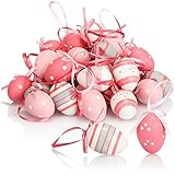 com-four® 36x Ostereier zum Aufhängen - Handbemalte Osterdeko mit tollen Mustern - Deko Ostereier in Mehreren Rosa-Farben (rosa. weiß. grau)