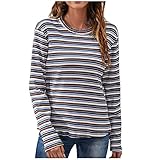 Damen Streifen Pullover Rundhals Baumwoll Freizeit Basic Langarmshirt Oberteile Herbst Langarm Shirt Sweatshirt für Female Teenager Mädchen L