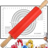 Nudelholz mit Silikon-Backmatte, Nudelholz zum Backen, Keks & Gebäck Teig Fondant Nudelholz Silikon Roller Pin glatte Oberfläche, ergonomisches Design (rot)