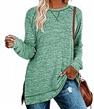 JOCAFIYE Damen T-Shirts Winterlange Ärmel Oberteile Rundhals Ausschnitt Basic Casual Shirts Sweatshirt Lose Tops I Green XL