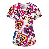 CPNG Valentine's Day Heart Print Short Sleeve Pocket Tops Working Uniform Blouse Shirt, V Neck Tops for L
