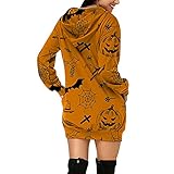 STOREYH Halloween Kürbis Eule Geist Hexe Druck Kleid mit Kapuze Herbst Winter Frauen Freizeit Langarm knielanges Hooded Mini Kleider Damen Mode Festlich Wickel Etuikleid Damen Bequem Hoodie D