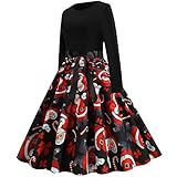 Zegeey Weihnachtskleid Damen Elegant Abendkleider Rüschen Kragen mit Schleife Swing Cocktailkleid mit Weihnachten Santa Claus Druck Partykleider für Weihnachtsab