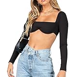 HANSENG Frauen quadratischer Ausschnitt Langarm Crop Tops Bustier Crop Shirt Bluse Low Cut Top Slim Fit Clubwear Y2K Streetwear, A Schwarz, S