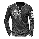 Herren Klassisch Langarmshirt mit Knöpfen Rundhals T-Shirt Frühling Herbst Vintage Bedrucktes Langärmliges Henley-Shirt Regular Fit Basic Lässig T-S