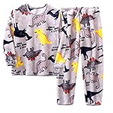 YOOJIA Mädchen Jungen Schlafanzug Flanell Hausanzug Nachtwäsche Zweiteiliger Pyjama Set Schlafshirts Mit Hose Bekleidungsset Grau&Dinosaurier 170-176