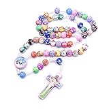 GASSDINER Rosenkranz Halskette Katholische Rose Fimo Perlen Religion Lange Kette Kinder Schmuck Charm Geschenk