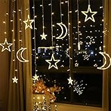 Djioyer Lichtervorhang,LED Stern Mond Vorhanglichter, 3.5M LED Fenstervorhang Lichter Batteriebetriebene, für Lnnen Außen Schlafzimmer, Warme Farb