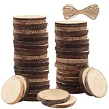 Kurtzy Runde Holzscheiben Unbehandelt (50 STK) – 3-5cm Naturholz Baumstamm Scheiben 5mm Dick - Mit Loch Bohrung & 10m Schnur - Rustikale Holzplatten Klein Natur mit Rinde Glatt für Deko, B