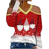 WANGTIANXUE Weihnachtspulli Damen Teenager Mädchen Langarm Schulterfrei Weihnachten Weihnachtsshirt Casual Bunt mit Weihnachtsmann Christmas Drucken Tshirts Langarmshirt Übergröße Weihnachtsb