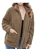 Damen Mantel Casual Revers Fleece Fuzzy Faux Shearling Reißverschluss Warm Winter Oversized Outwear Jacken, braun, M