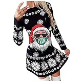 JISHII Weihnachten Kleid für Damen Farbschreibweise Santa mit Maske Stoffdruck Langärmeliges Rundhalsausschnitt Midilang Wickelkleid Elegant Festliche Figurbetontes Schlank Faltenrock Party Kostü