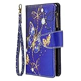 Hülle für ZTE Blade A71, Reißverschluss Premium Leder Flip Handyhülle Handytasche Schutzhülle Etui Tasche Case mit Kartenfach Ständer Magnetverschluss für ZTE Blade A71 Goldener Schmetterling