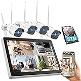 1080P All-in-One WLAN Überwachungskamera Set Aussen mit 12''Monitor 8CH Wireless NVR Videorekorder, 4Pcs 2.0MP WiFi Kameras mit 3TB Festplatte,Nachtsicht,Fernanzeige,E