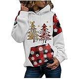 Weihnachtshoodie Damen Lose Langarmshirt Elch Weihnachten Sweatshirt Kordelzug Oberteil Kapuzenjacke Winter Warm Hoody Sweatjacke Christmas Festlich Kapuzenpulli mit Kariertes Spleiß T