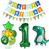 Dino Deko Kindergeburtstag Luftballon Set, GRESAHOM 1. Dinosaurier Ballons Party Dekoration, Grün Gelb Folienballons, Latexballons, Alles Gute zum Geburtstagsbanner und Dino Dreiecksflaggenb