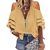 GDOV Damen Sexy Schulterfrei Einfarbig Crop Tops Frauen Sommer Große Größe Halbe Ärmel Tiefer V-Ausschnitt mit Reißverschluss Kalte Schulter Lockere Passform Coole Tunika Bluse Hemden Chiffon T-S