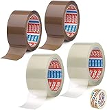 Tesa 2 Rollen Braun + 2 Rollen Transparent Paketband Packband, leise abrollend - 50mm X 66m + Gratis Tesafilm [15mm X 10m]