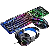 Mungowu 4 im 1 Tastaturen Gaming Maus & RGB KopfhöRer Kabelgebundene Mechanische Tastatur Maus Headset Kit für Laptop Computer (Schwarz)
