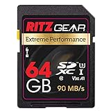 Ritz SD Card SDXC UHS-I 64 GB Extreme Performance High Speed 90/30 MB/S U3 A1 Class-10 V30 Speicherkarte für Kameras und SD-Geräte zur Aufnahme von Full-HD-, 3D- und 4K-Video und Fotos in Raw