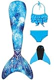 Decool 2019 Neu Mädchen Meerjungfrau Schwanz Badeanzug - Prinzessin Cosplay Bademode für das Schwimmen mit Bikini Set und Monoflosse, 4 Stück Set Ps03 110-120